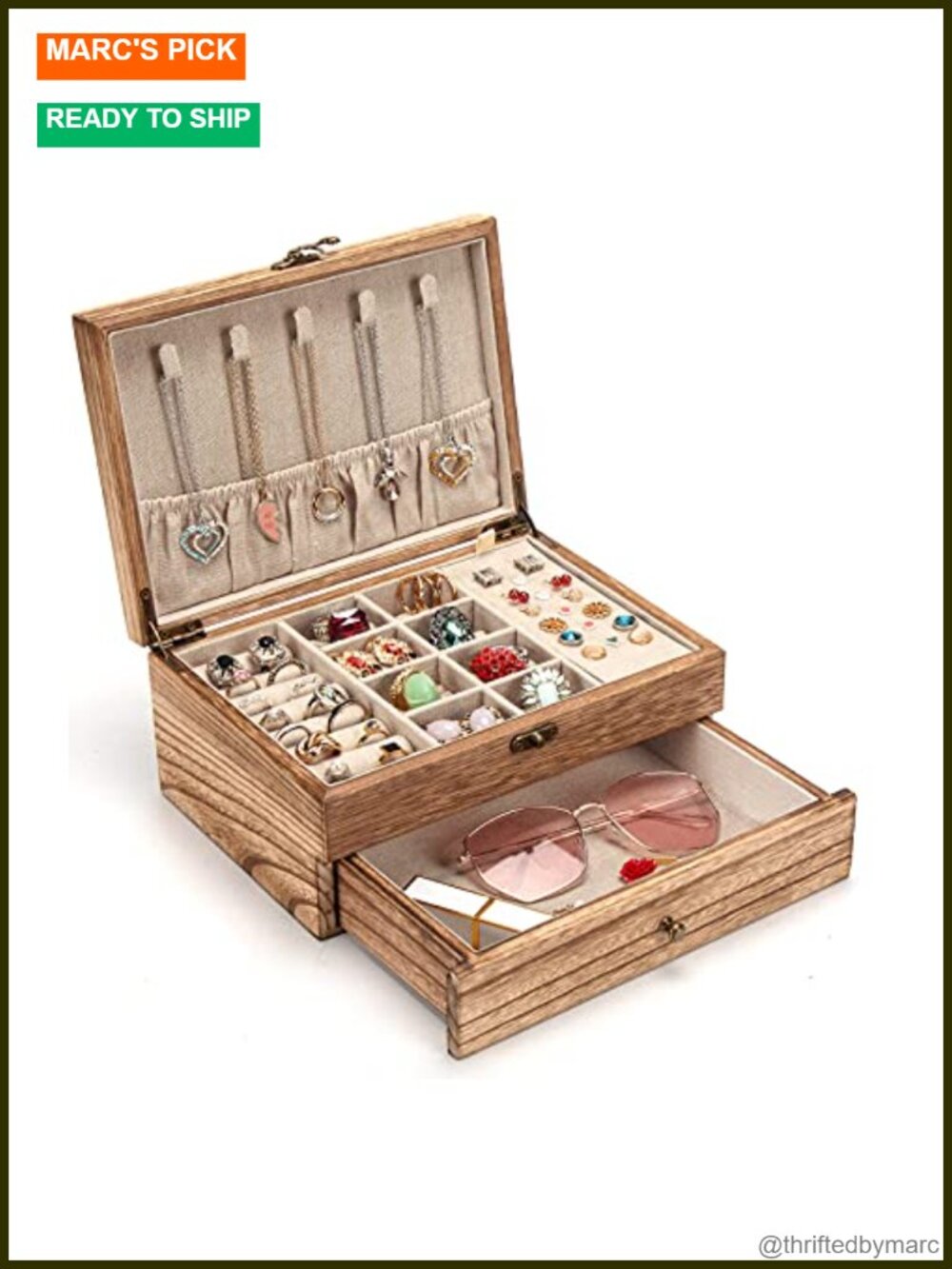 Rustic Wooden Jewelry Organizer Box Solid Wood Linen Lining 5 Compartments Lock